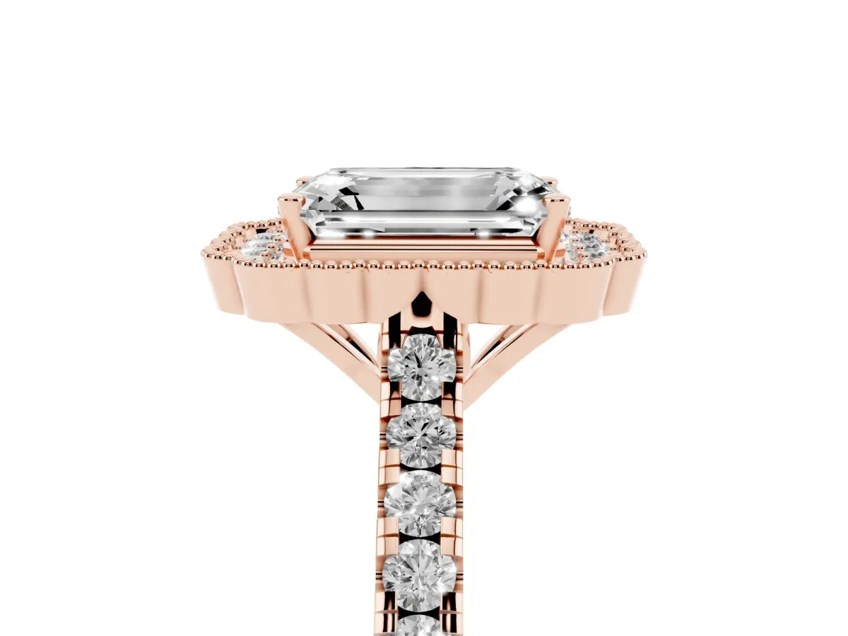 Emerald Cut Cut Diamond Milgrain Floral Halo Engagement Ring with Pavé Band Rose gold