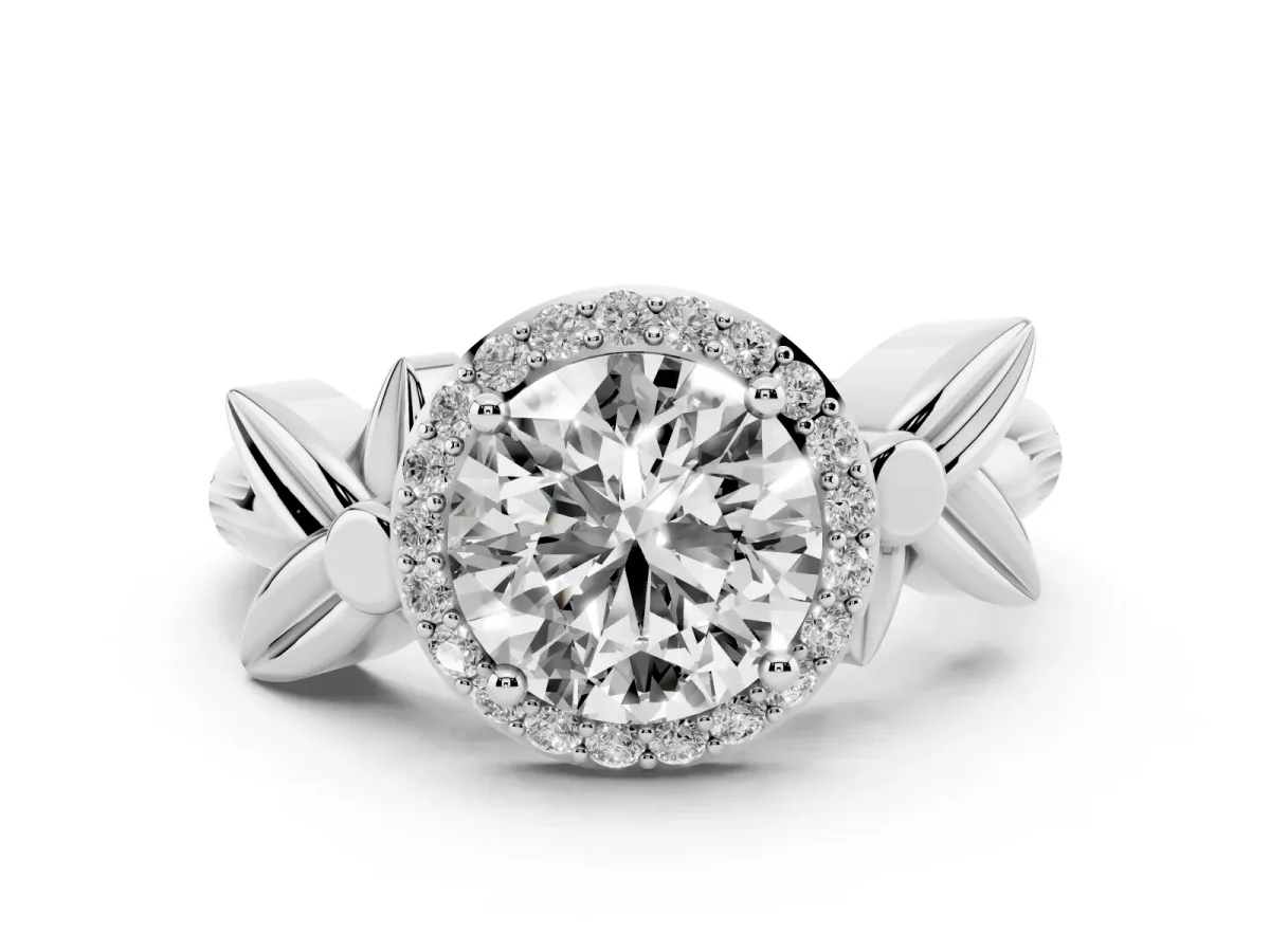 Round Cut Halo Diamond Floral Band with Four-Prong Setting Silver