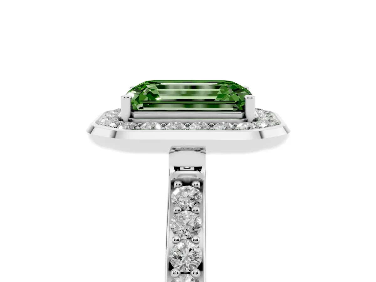 Fancy Green Emerald Cut Diamond Halo Ring with Bezel Frame and Pavé Band Silver