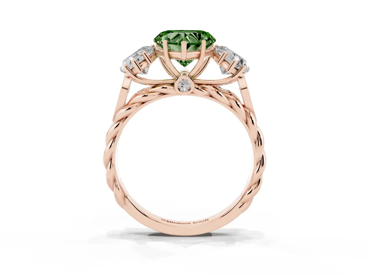 Fancy Green Three-Stone Heart Cut Diamond Braided Band Ring with Four-Prong Setting Rose gold
