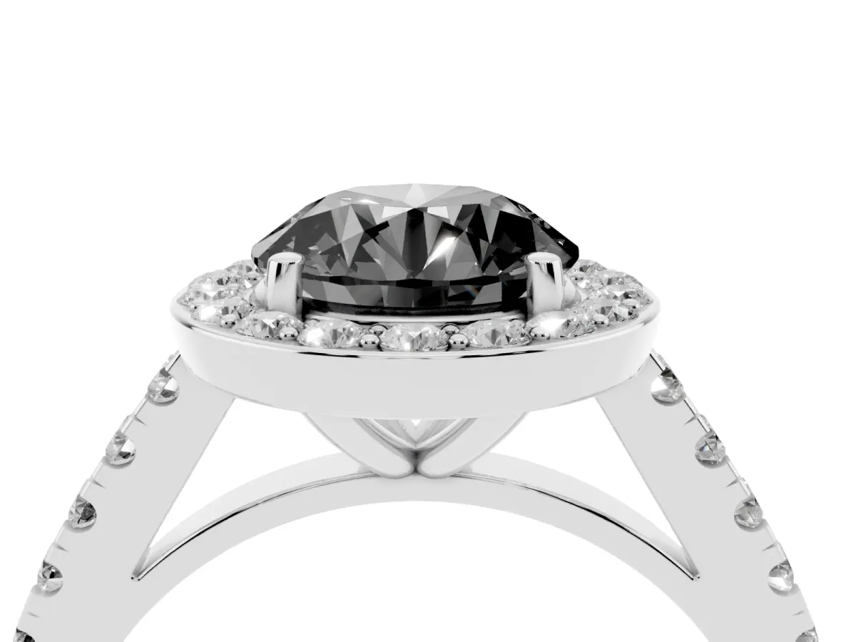 Fancy Black Round Cut Diamond Halo Ring with Round Pavé Split Shank and Prong Setting Platinum