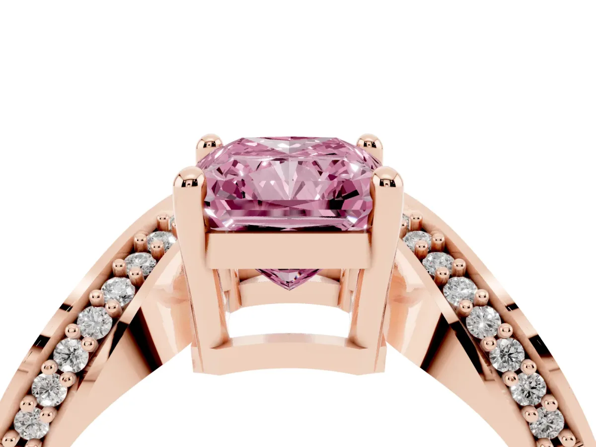 Fancy Pink Radiant Cut Solitaire Diamond Engagement Ring with Pave Band and Four-Prong Setting Rose gold