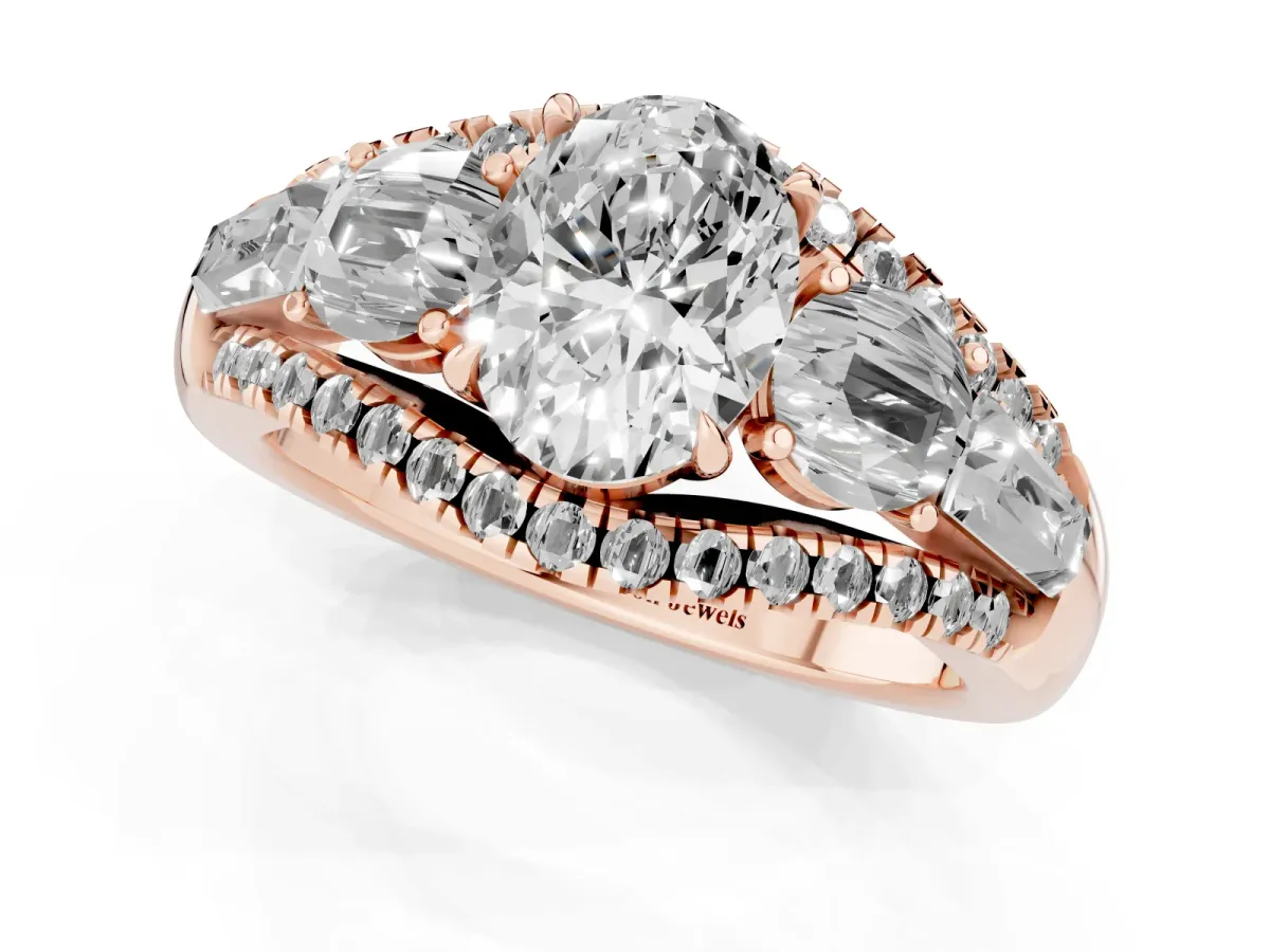 Three-Stone Oval Cut Diamond Engagement Ring with Pave Band and Prong Setting Rose gold