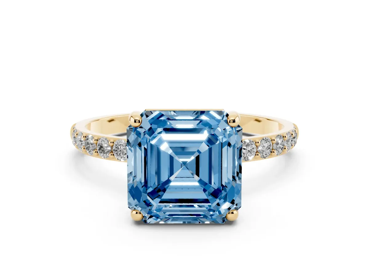 Fancy Blue Asscher Cut Diamond Solitaire Ring with Round Pavé Band and Prong Setting Yellow gold