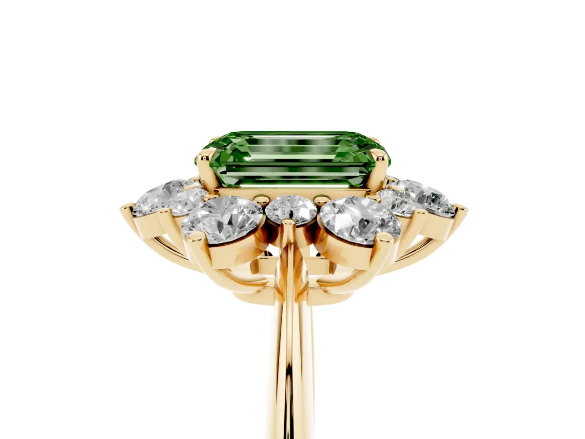 Fancy Green Emerald Cut Diamond Cluster Halo Ring with Solitaire Band and Four-Prong Setting Yellow gold