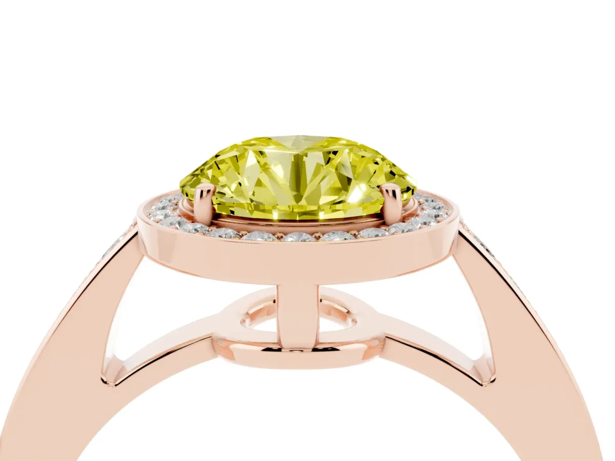 Fancy Yellow Round Cut Halo Pavé Diamond Engagement Ring with Bezel Setting Rose gold