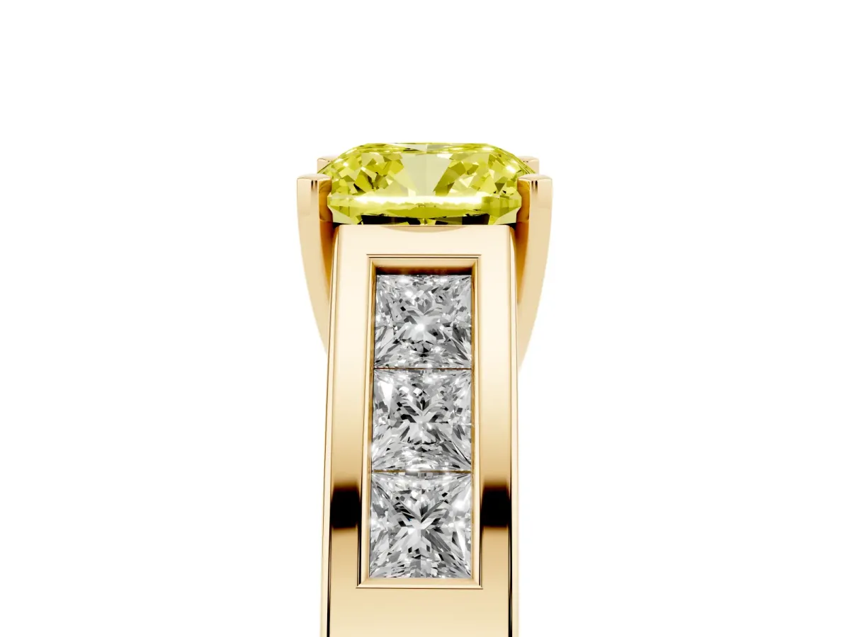 Fancy Yellow Cushion Cut Cut Channel Set Solitaire Ring with Four-Prong Setting Yellow gold