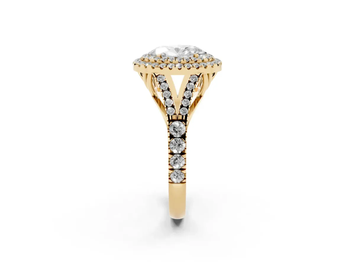 Oval Cut Cut Double Halo Split Shank Diamond Ring with Prong Setting Yellow gold