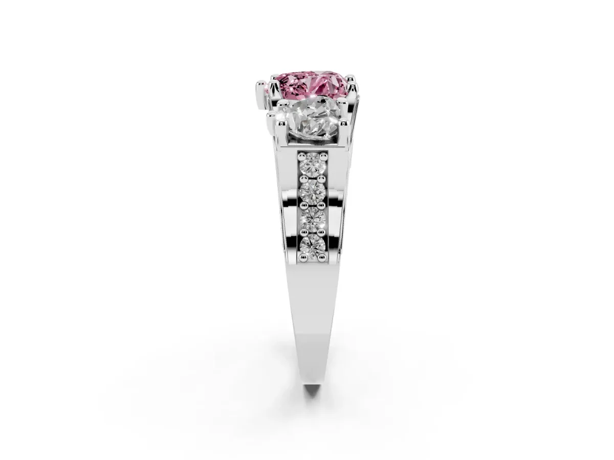 Fancy Pink Heart Cut Diamond Three-Stone Ring with Channel Set Band and Four-Prong Setting Silver