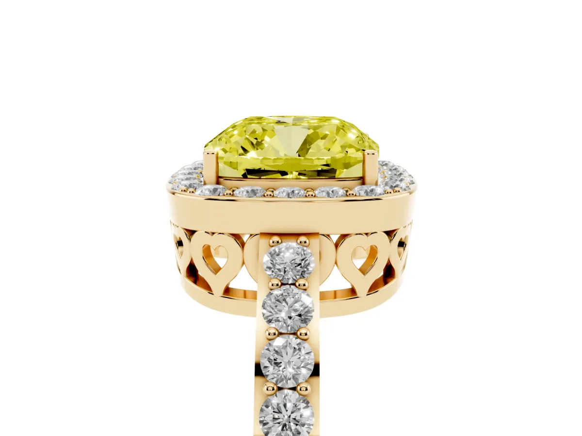 Fancy Yellow Cushion Cut Halo Diamond Pavé Band Ring with Prong Setting Yellow gold