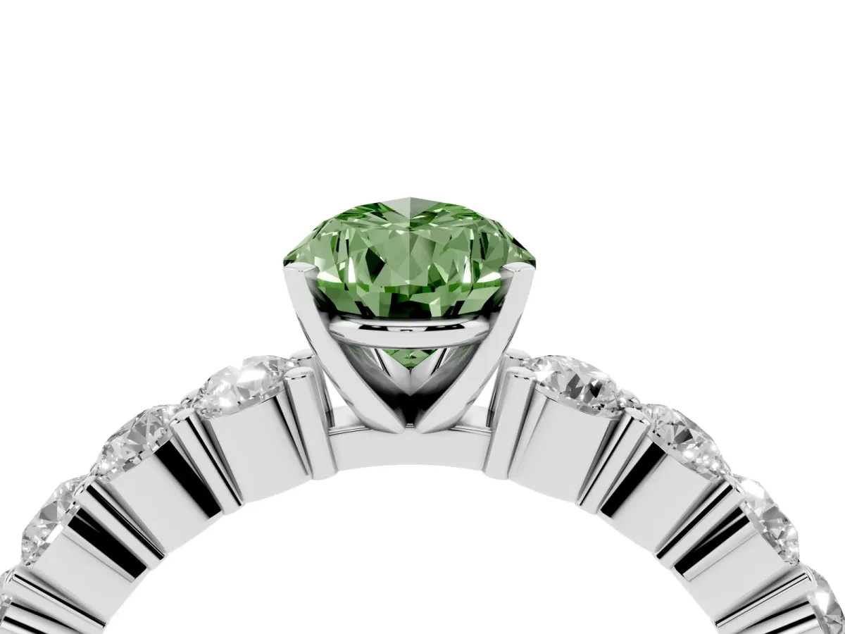 Fancy Green Pear Cut Diamond Solitaire Ring with Shared Prong Round Side Stones Silver