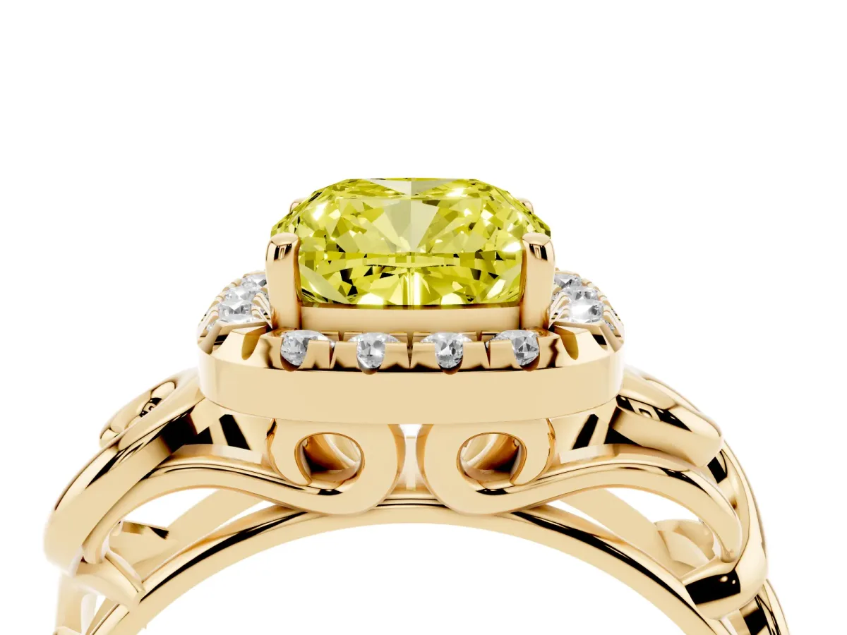 Fancy Yellow Cushion Cut Cut Halo Diamond Ring with Scrollwork Band and Four-Prong Setting Yellow gold