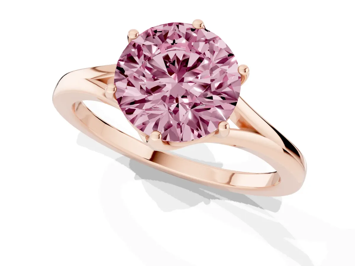 Fancy Pink Round Cut Solitaire Diamond Ring with Six-Prong Setting and Tapered Band Rose gold