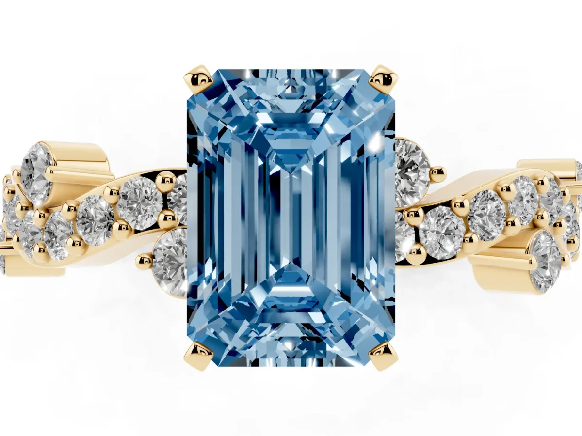 Fancy Blue Emerald Cut Cut Solitaire Diamond Twisted Band with Pave Setting Yellow gold