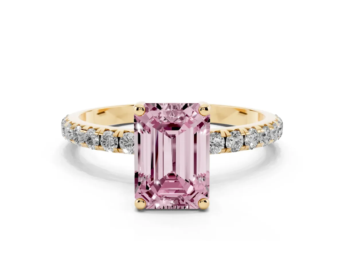 Fancy Pink Emerald Cut Cut Diamond Solitaire Ring with Micro Pave Band and Four Prong Setting Yellow gold