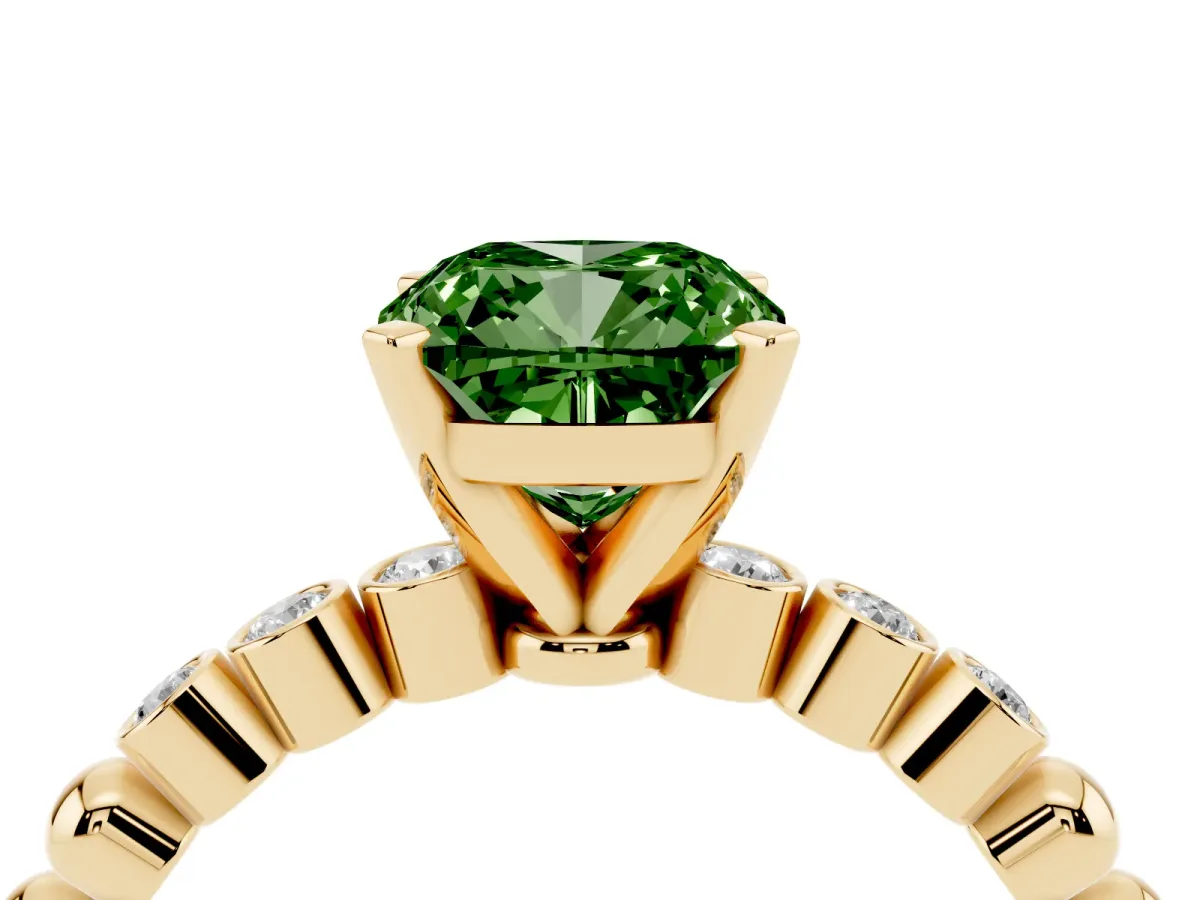 Fancy Green Cushion Cut Solitaire Bezel Accent Diamond Engagement Ring with Beaded Band and Four-Prong Setting Yellow gold
