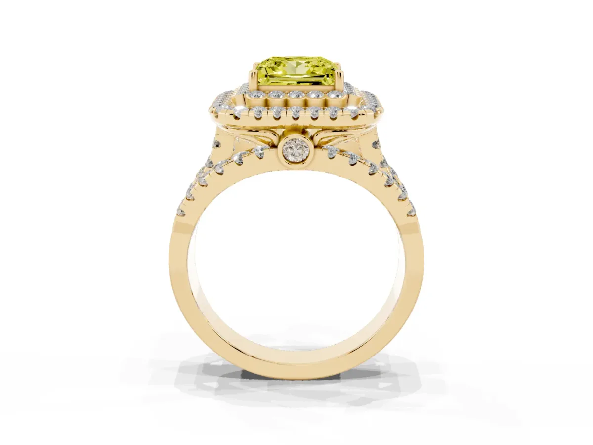 Fancy Yellow Princess Cut Diamond Double Halo Ring with Round Pavé Split Shank and Prong Setting Yellow gold