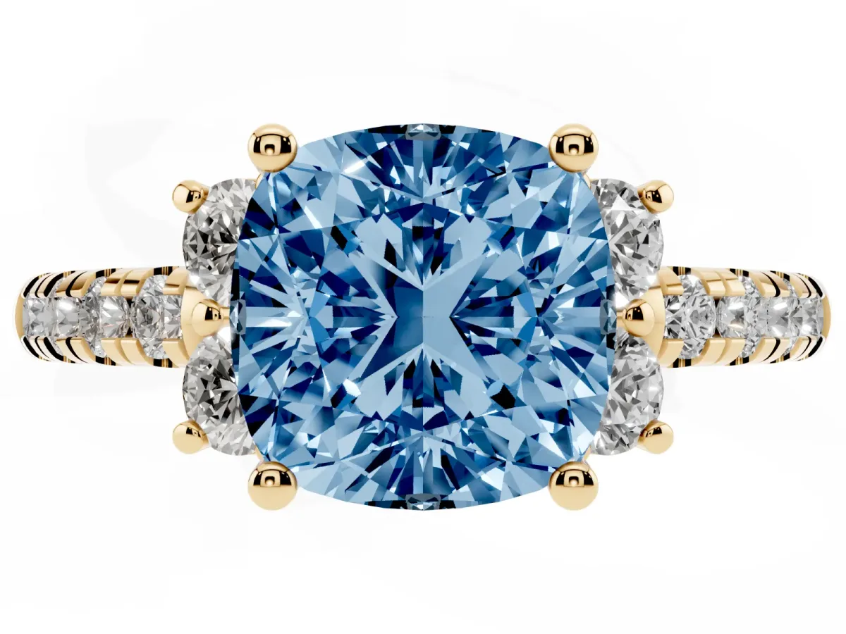 Fancy Blue Cushion Cut Diamond Three-Stone Pave Band with Four-Prong Setting Yellow gold