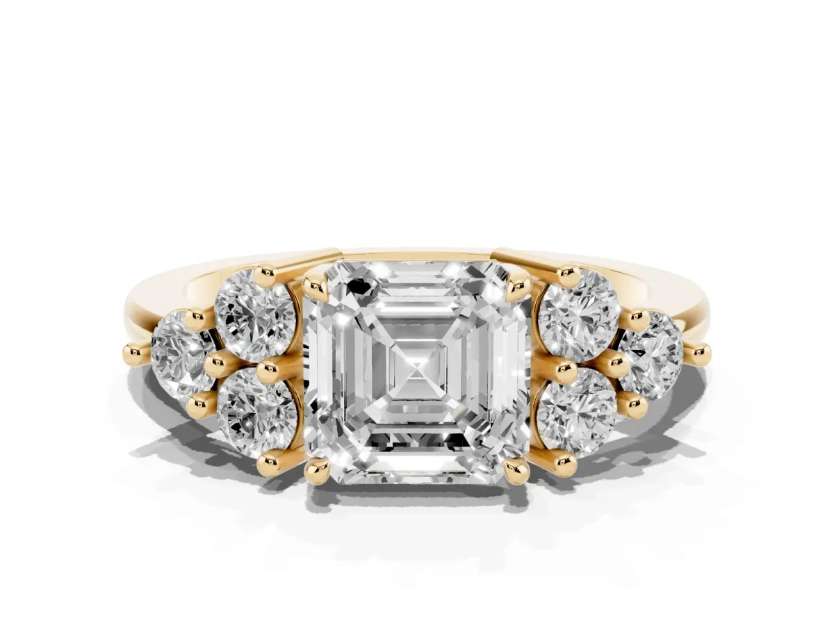Asscher Cut Brilliant Diamond Cluster Accent Solitaire Ring with Prong Setting Yellow gold