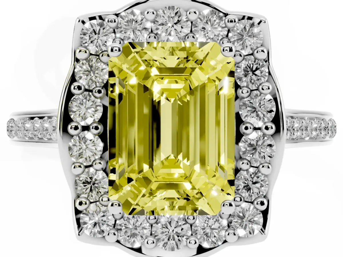 Fancy Yellow Emerald Cut Halo Round Diamond Pave Band with Four-Prong Setting Silver
