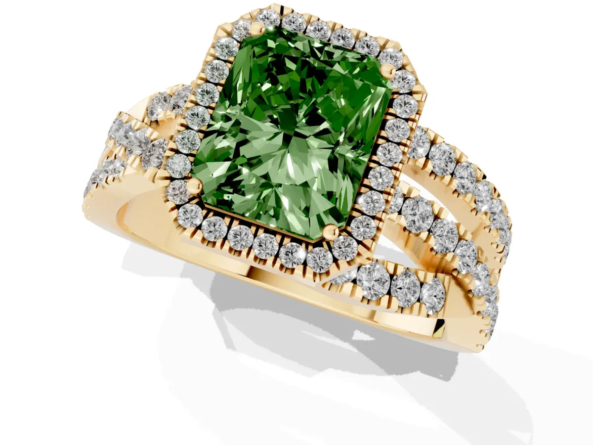 Fancy Green Radiant Cut Diamond Halo Ring with Round Split Shank and Prong Setting Yellow gold