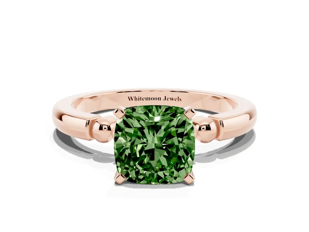Fancy Green Cushion Cut Solitaire Beaded Band with Four-Prong Setting Rose gold