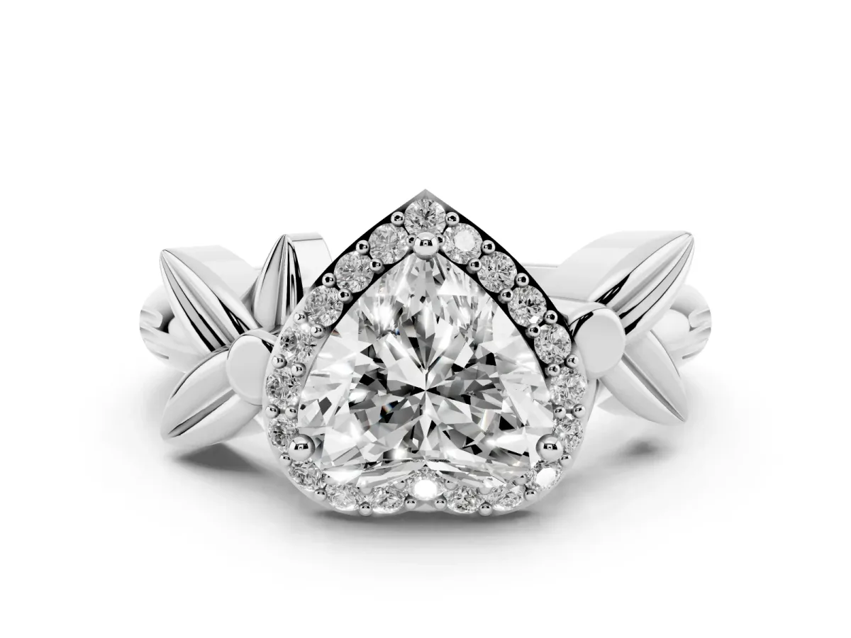 Heart Cut Halo Diamond Floral Band with Four-Prong Setting White gold