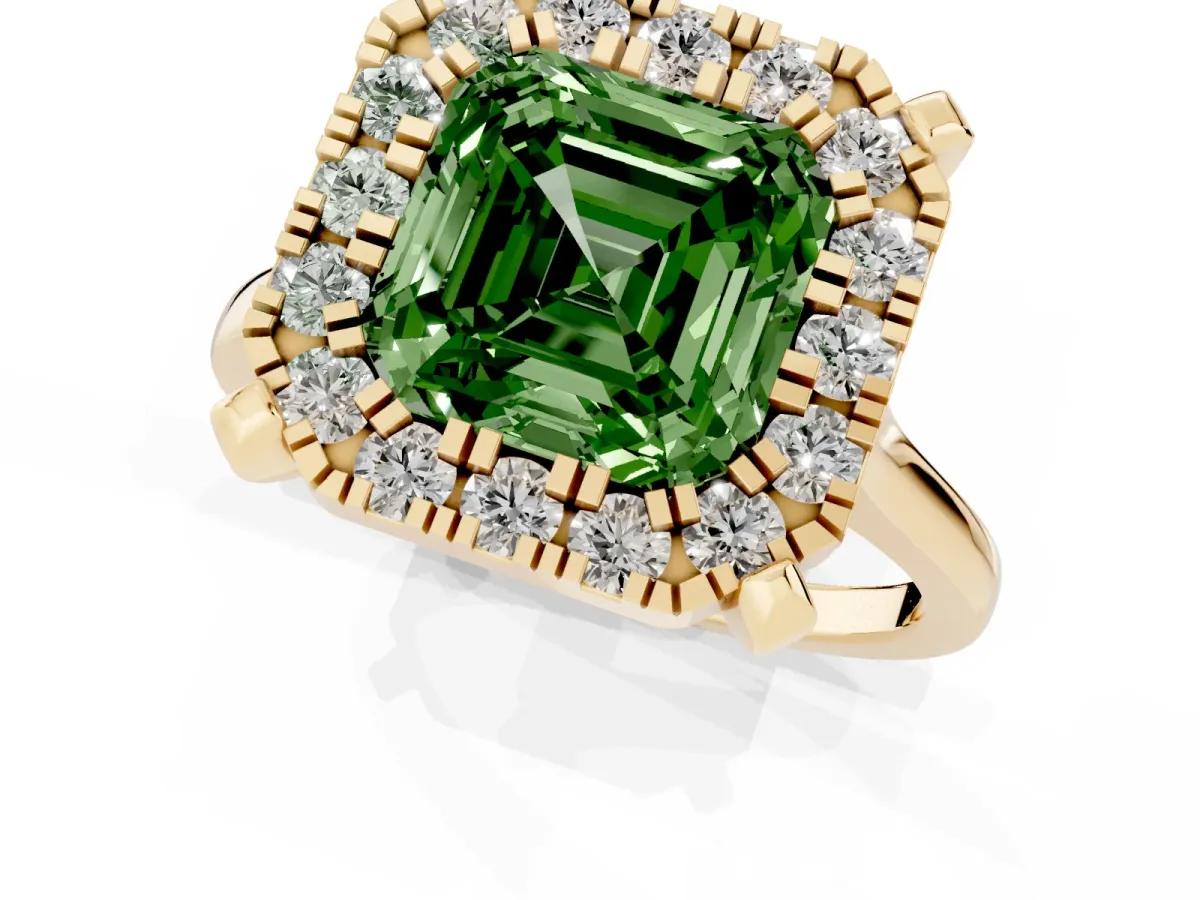 Fancy Green Asscher Cut Diamond Cluster Halo Solitaire with Four-Prong Setting Yellow gold