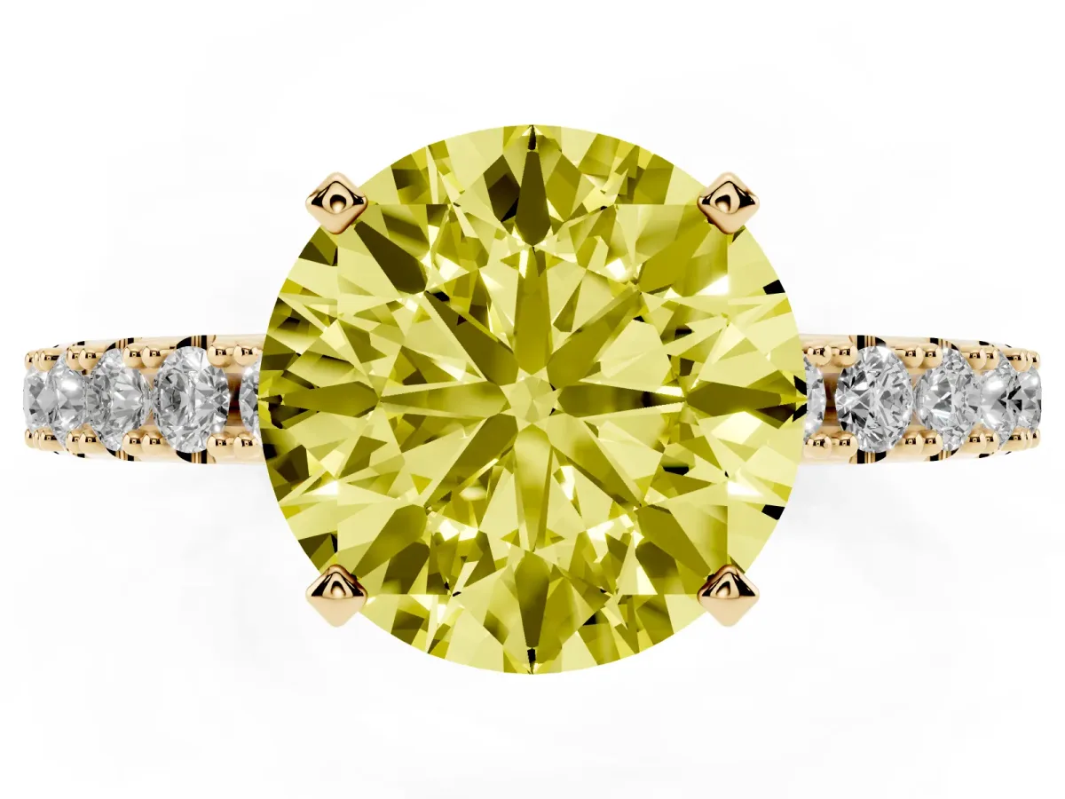Fancy Yellow Round Cut Diamond Solitaire Pavé Band with Four-Prong Setting Yellow gold