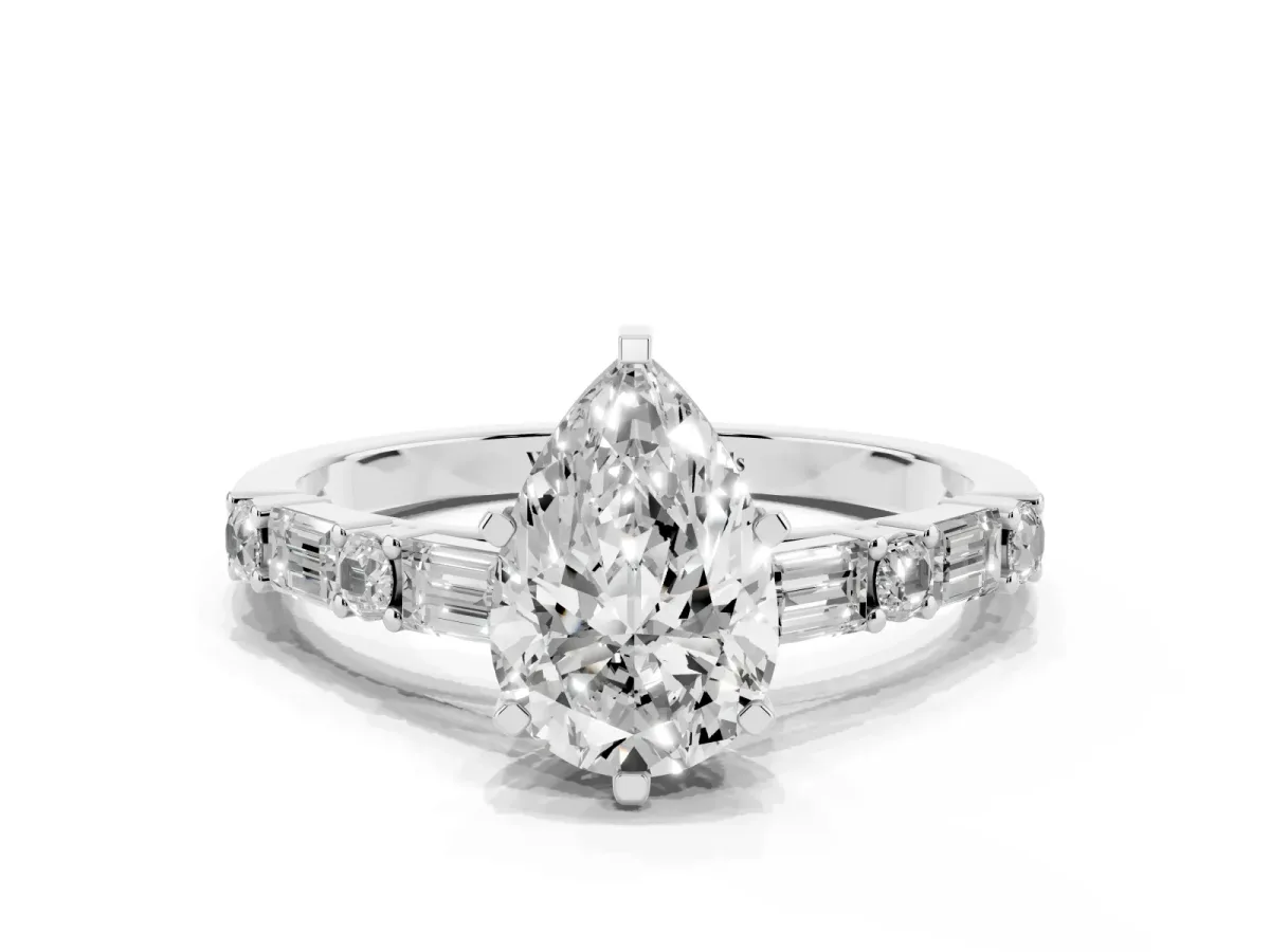Pear Cut Diamond Solitaire with Side Baguettes and Channel Set Band Platinum