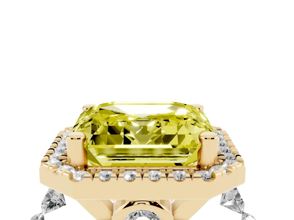 Fancy Yellow Asscher Cut Halo Pavé Diamond Engagement Ring with Four-Prong Setting Yellow gold