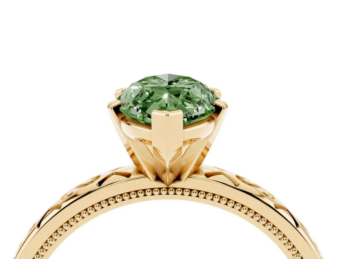 Fancy Green Marquise Cut Solitaire Engagement Ring with Scrollwork Band and Four-Prong Setting Yellow gold