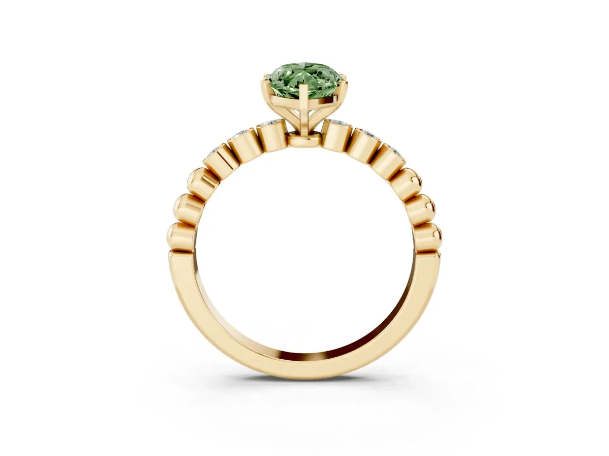 Fancy Green Marquise Cut Solitaire Bezel Accent Diamond Engagement Ring with Beaded Band and Four-Prong Setting Yellow gold
