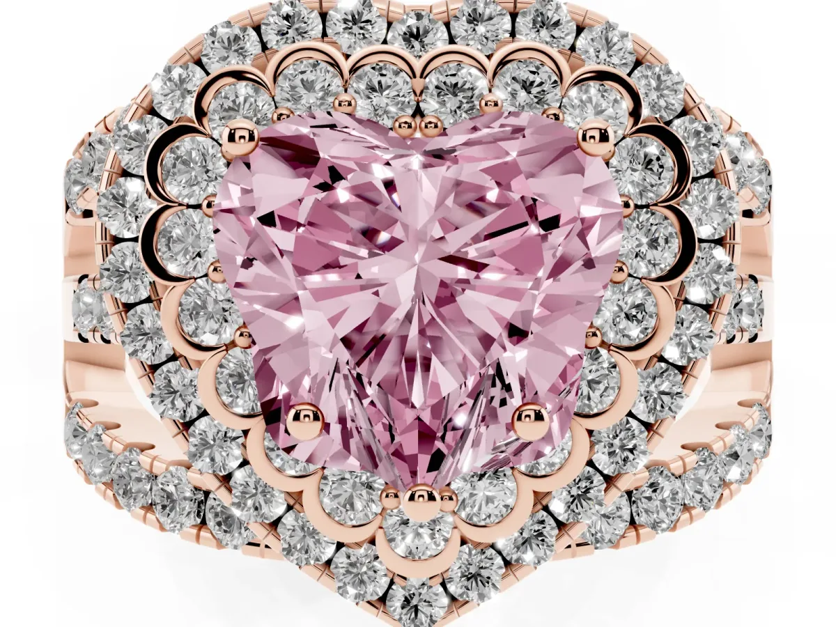 Fancy Pink Heart Cut Diamond Double Halo Ring with Round Pavé Split Shank and Prong Setting Rose gold
