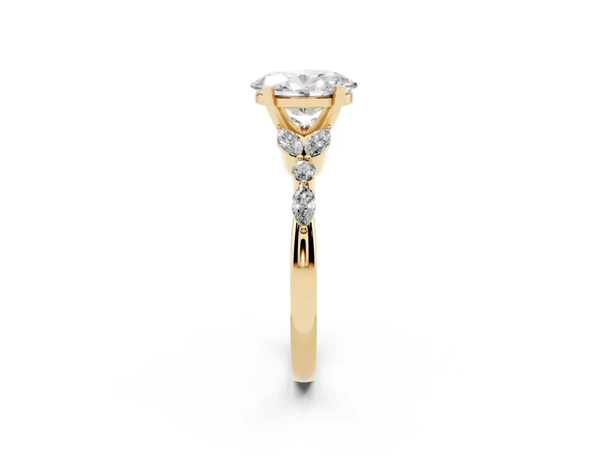 Oval Cut Diamond Solitaire Ring with Side Stones and Four-Prong Setting Yellow gold