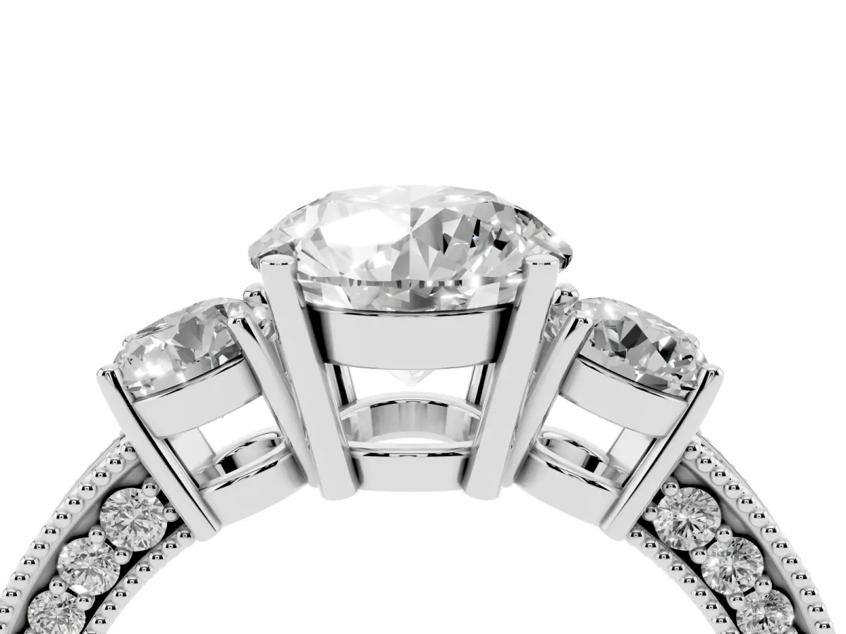 Round Cut Three-Stone Diamond Ring with Pavé Band and Four-Prong Setting Silver