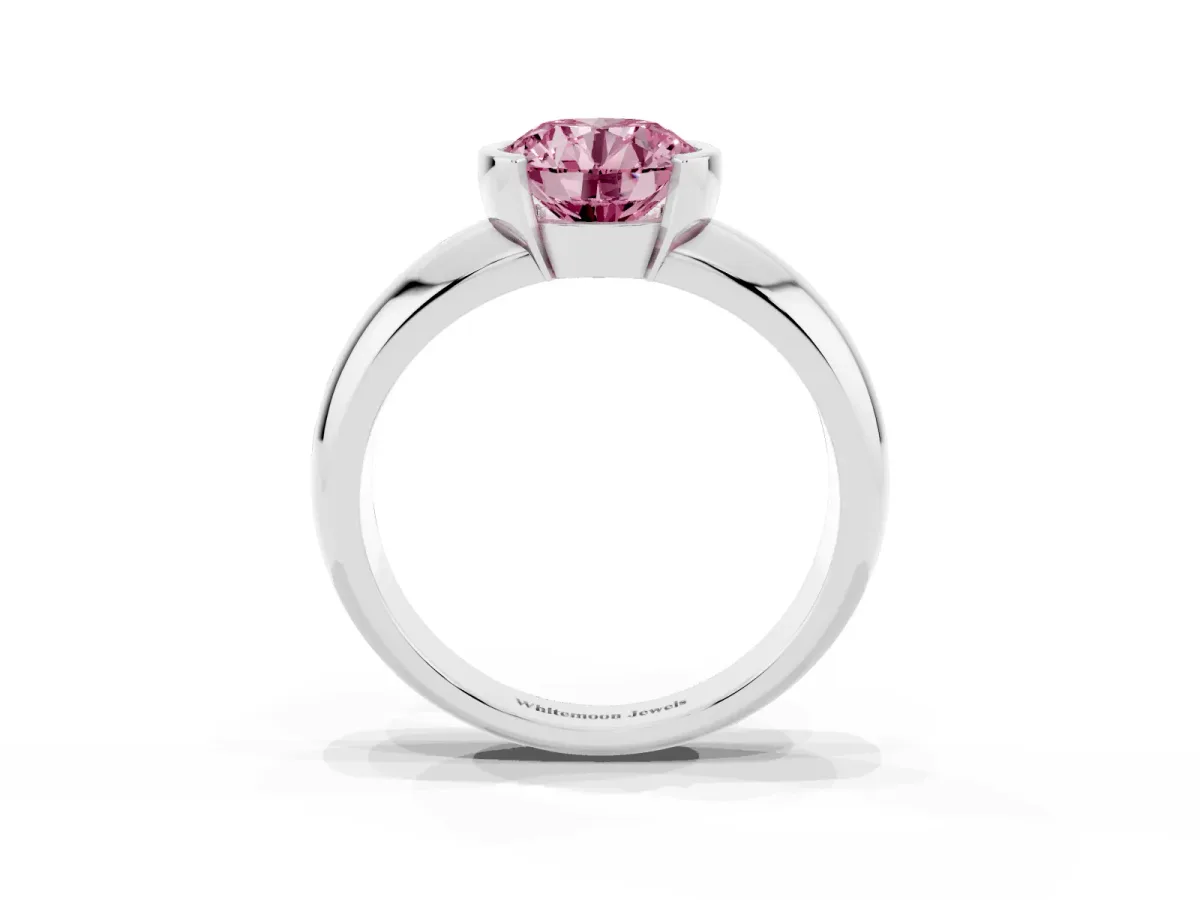 Fancy Pink Round Cut Solitaire Tension Set Diamond Ring with Wide Band Silver