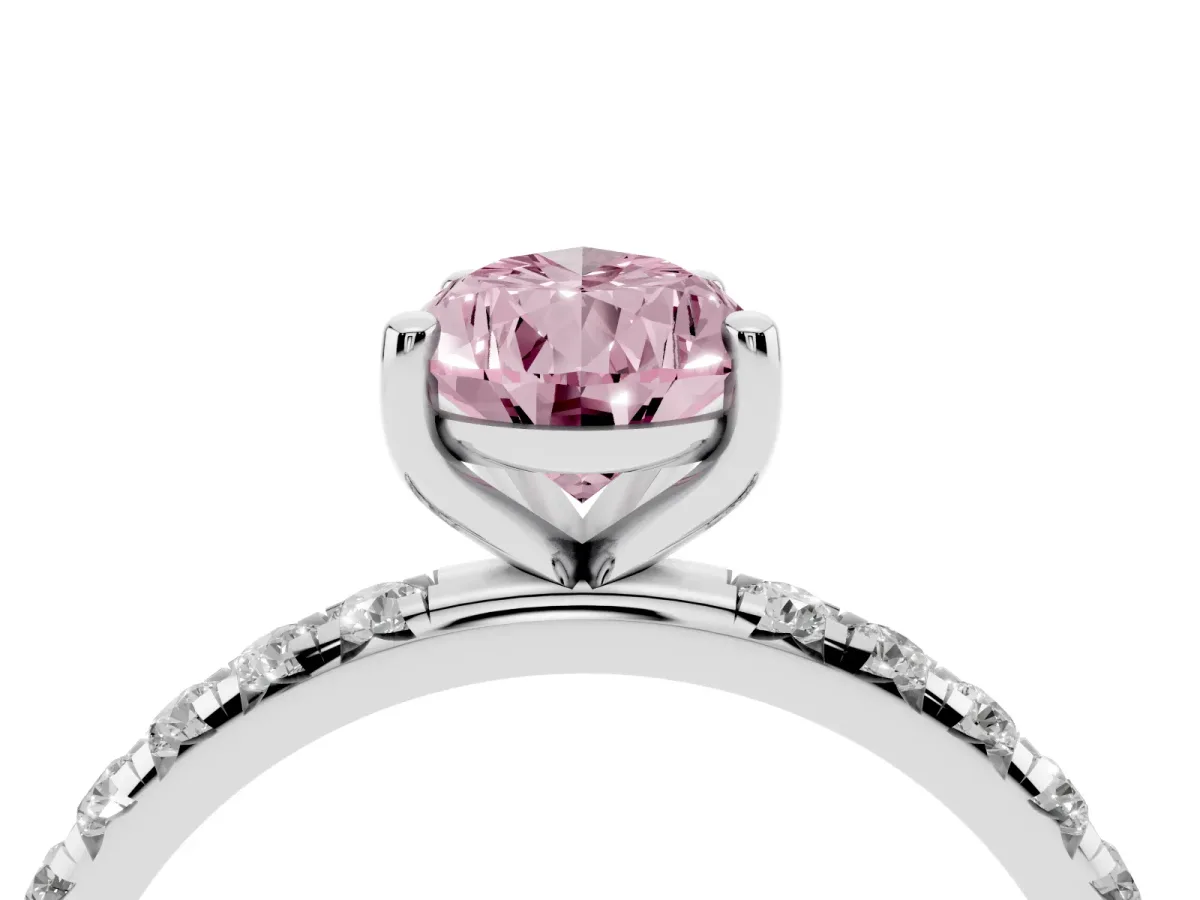 Fancy Pink Pear Cut Cut Diamond Solitaire Ring with Micro Pave Band and Four Prong Setting Silver
