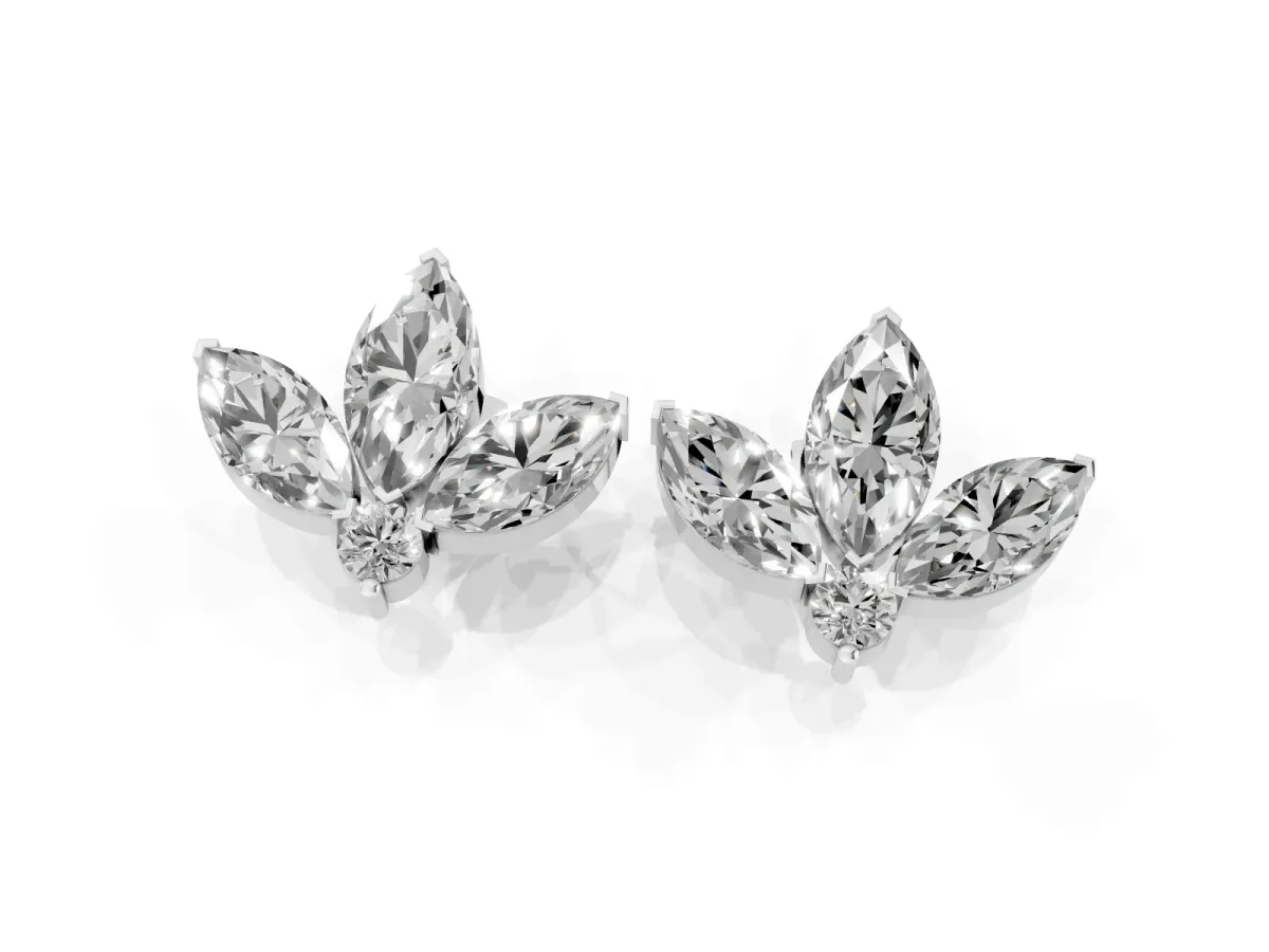Marquise Cluster Stud Earrings with Round Prong Setting White gold