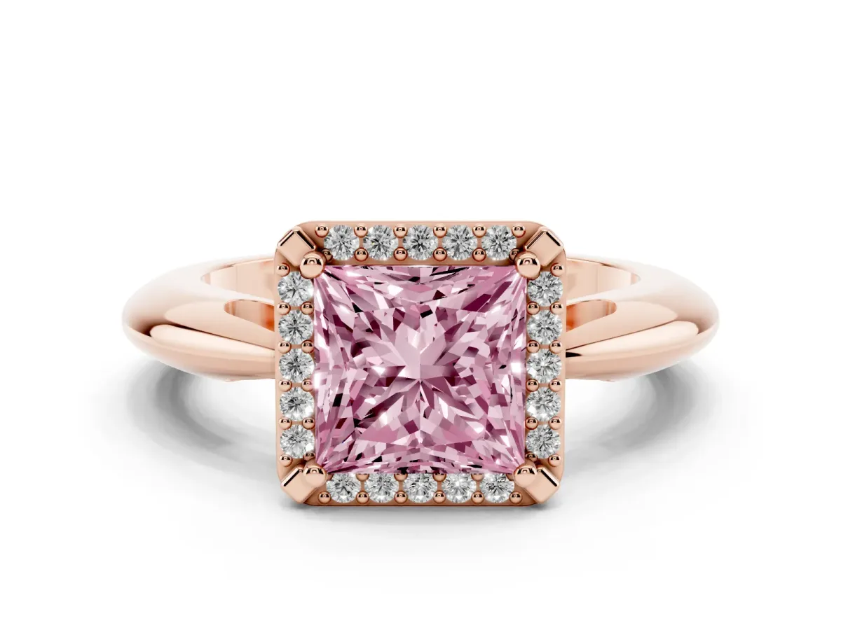 Fancy Pink Princess Cut Cut Diamond Halo Engagement Ring with Split Shank and Four-Prong Setting Rose gold