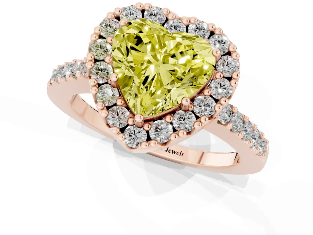 Fancy Yellow Heart Cut Halo Diamond Pavé Solitaire Ring Rose gold