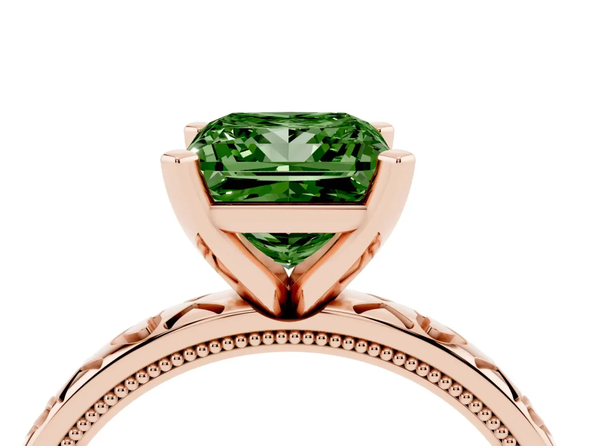 Fancy Green Princess Cut Solitaire Diamond Engagement Ring with XO Engraved Band and Four-Prong Setting Rose gold