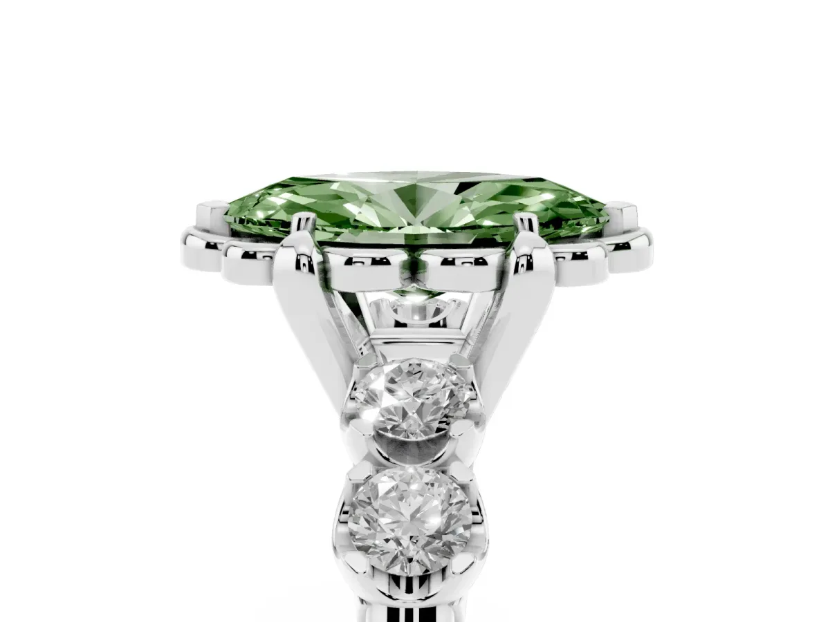 Fancy Green Marquise Cut Cut Diamond Floral Halo Engagement Ring with Shared Prong Setting Silver