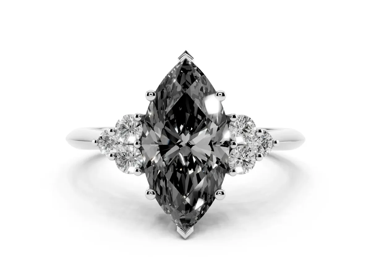 Fancy Black Marquise Cut Cut Diamond Cluster Ring with Solitaire Band and Four-Prong Setting Silver