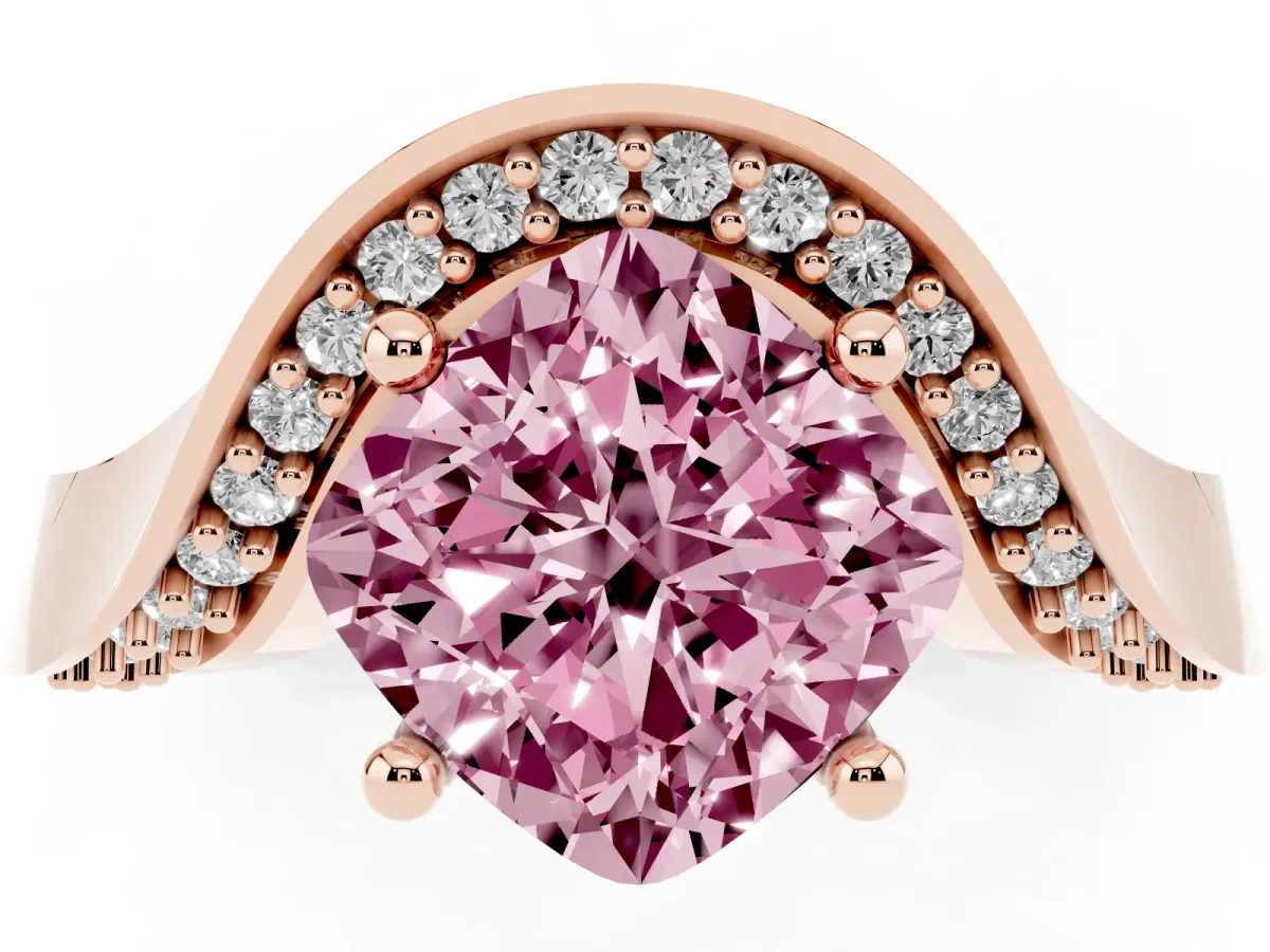 Fancy Pink Cushion Cut Solitaire Diamond Engagement Ring with Pave Band and Four-Prong Setting Rose gold