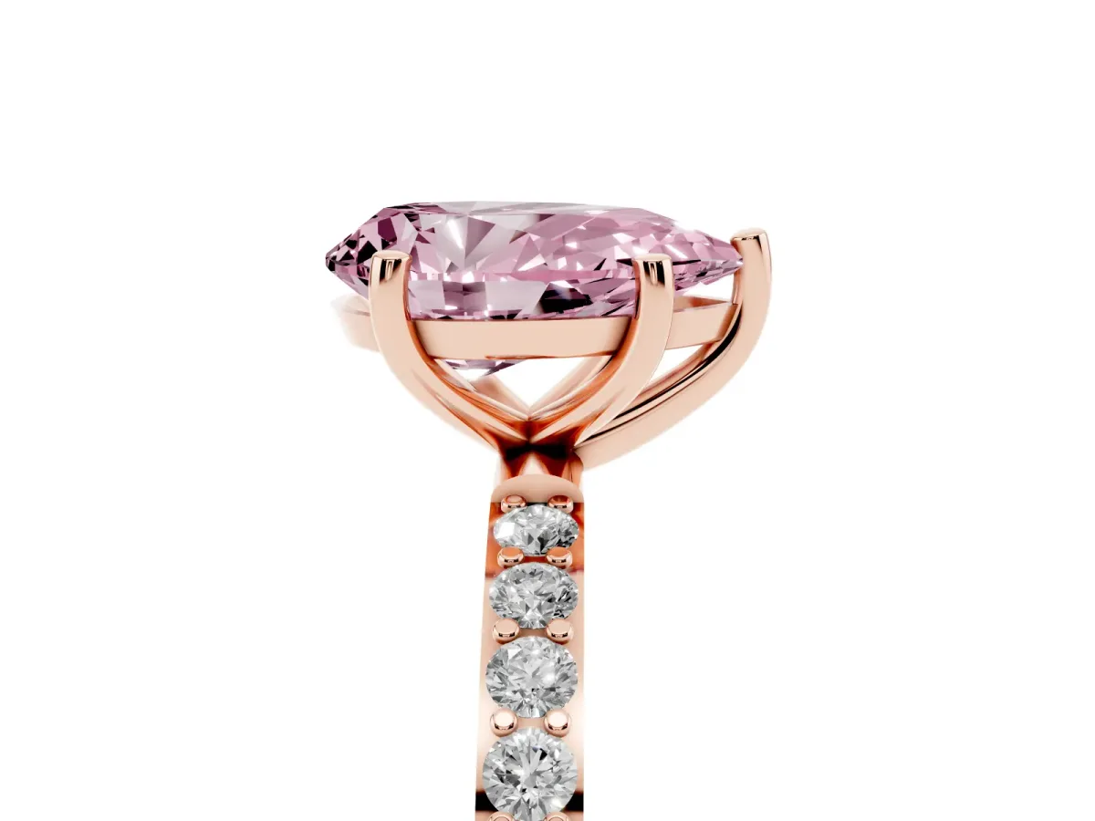 Fancy Pink Pear Cut Diamond Solitaire Ring with Round Pavé Shoulders and Prong Setting Rose gold