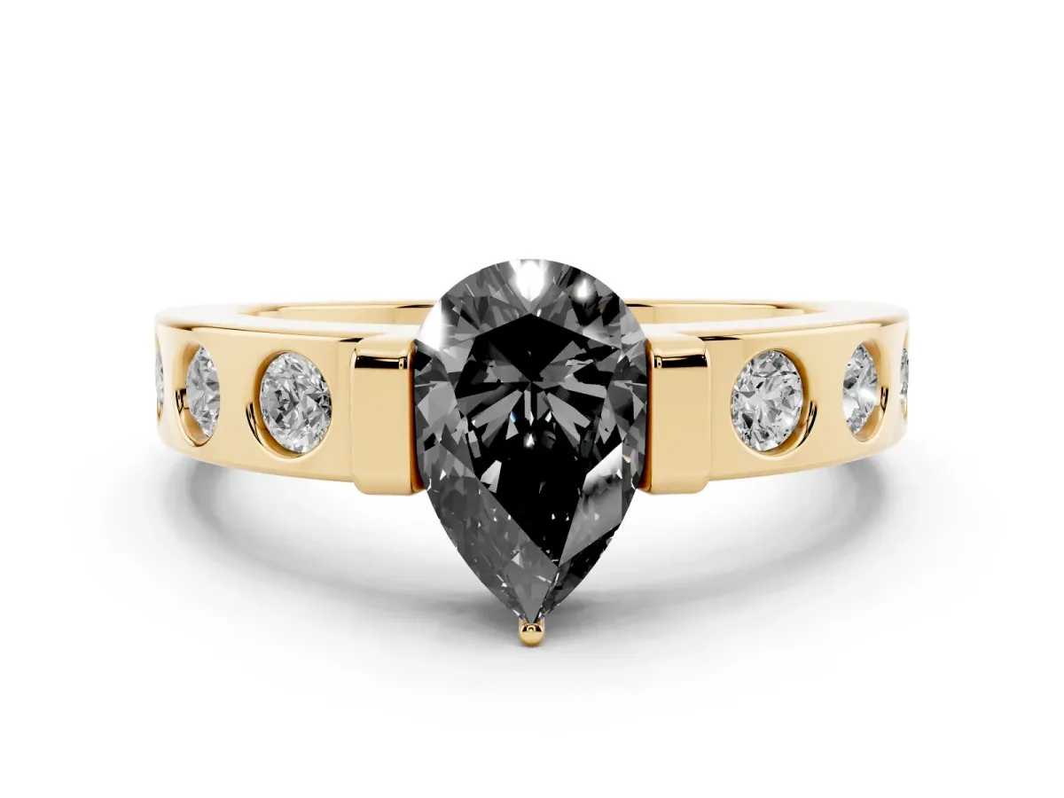 Fancy Black Pear Cut Brilliant Channel-Set Diamond Ring with Bezel Prong Setting Yellow gold