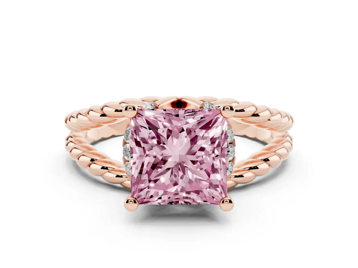 Fancy Pink Princess Cut Halo Twisted Band Four-Prong Ring Rose gold