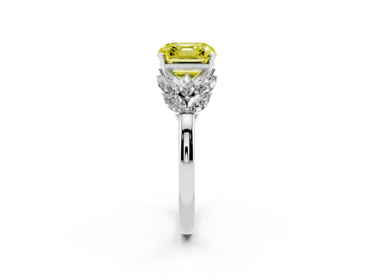 Fancy Yellow Asscher Cut Diamond Cluster Leaf Design Ring with Prong Setting Silver