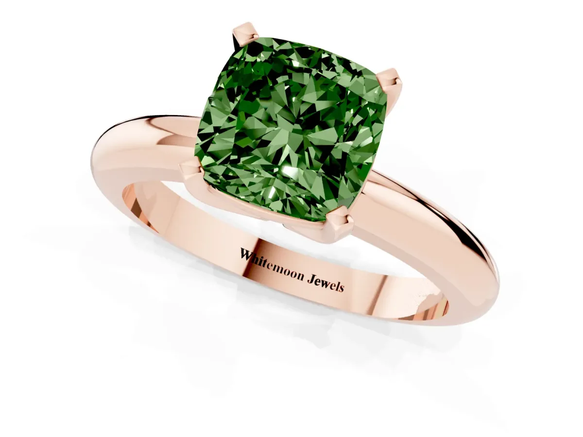 Fancy Green Cushion Cut Diamond Solitaire Engagement Ring with Round Band and Four-Prong Setting Rose gold
